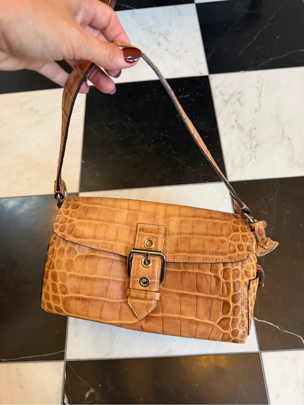Dooney & Bourke Croc-Embossed leather camel Shoulder Bag with Buckle Detail